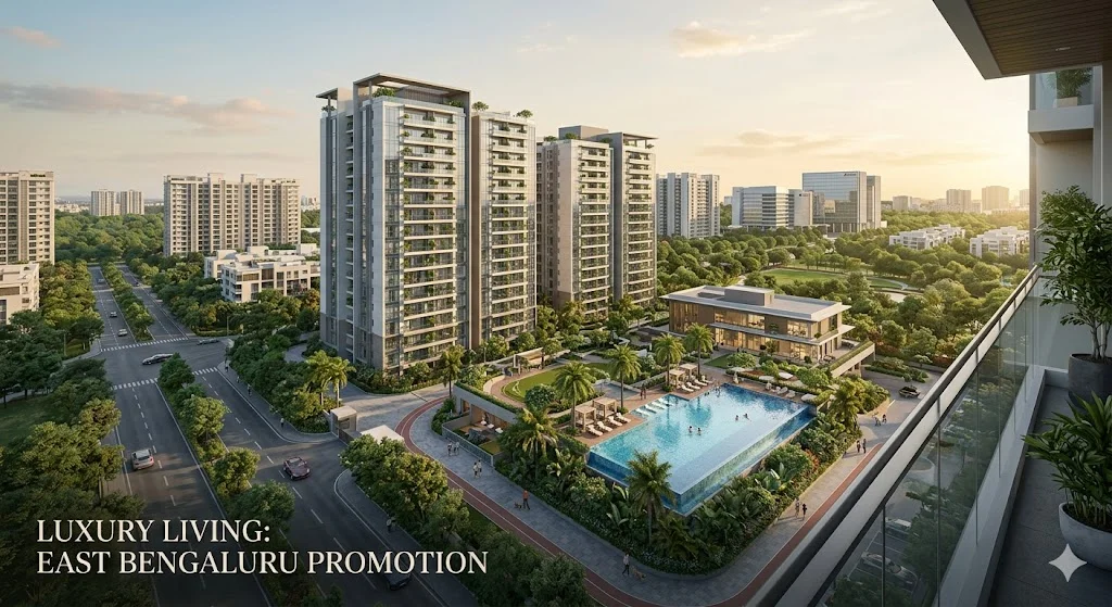 Map showing top luxury apartments and upcoming residential projects in East Bangalore hotspots like Whitefield, Sarjapur Road, and Budigere Cross.